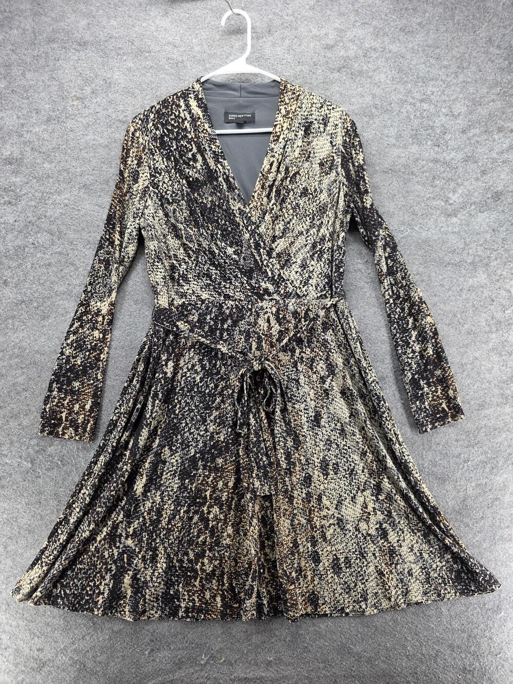 Jones New York Dress Womens 14 Brown Wrap Knee Length Belted V-Neck Long Sleeve